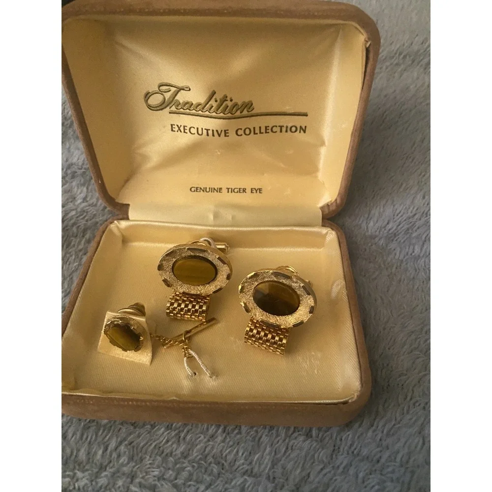 Vtg Tradition Executive Collection Tiger's Eye Cufflinks With Tie Pin